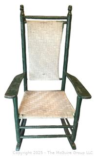 Wooden Porch Rocker w/ Ribbon Woven Seat and Back. Green Paint.   