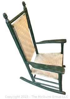 Wooden Porch Rocker w/ Ribbon Woven Seat and Back. Green Paint.   