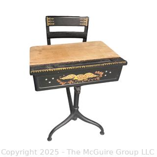 1930's School Desk and Chair Unit with Lift Top for School Supplies Storage. Stenciled by Jane Hanks.