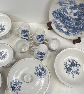 Set of Blue and White Enoch Wedgwood Tunstall Royal Ironstone Dinnerware and Transferware Plate