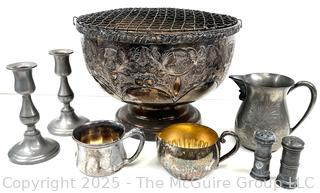 Group of Silver Plate Items Including Floral Centerpiece 