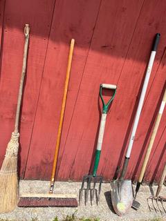 Collection of Lawn and Garden Tools Including Shovels, Push Broom, Shepherds Crooks, Hoe, Rakes, Pitch Forks and Pic Axe
