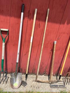 Collection of Lawn and Garden Tools Including Shovels, Push Broom, Shepherds Crooks, Hoe, Rakes, Pitch Forks and Pic Axe