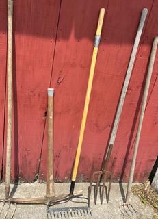 Collection of Lawn and Garden Tools Including Shovels, Push Broom, Shepherds Crooks, Hoe, Rakes, Pitch Forks and Pic Axe