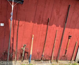 Collection of Lawn and Garden Tools Including Roof Snow Scraper, Crowbars, Drawbar Jack, Barn Floor Scraper, Silage Fork, Pic Axe and Log Peavey