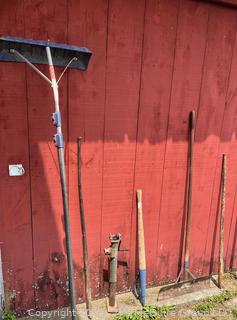 Collection of Lawn and Garden Tools Including Roof Snow Scraper, Crowbars, Drawbar Jack, Barn Floor Scraper, Silage Fork, Pic Axe and Log Peavey