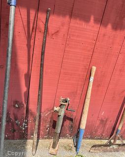 Collection of Lawn and Garden Tools Including Roof Snow Scraper, Crowbars, Drawbar Jack, Barn Floor Scraper, Silage Fork, Pic Axe and Log Peavey
