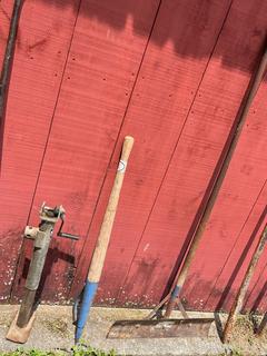 Collection of Lawn and Garden Tools Including Roof Snow Scraper, Crowbars, Drawbar Jack, Barn Floor Scraper, Silage Fork, Pic Axe and Log Peavey