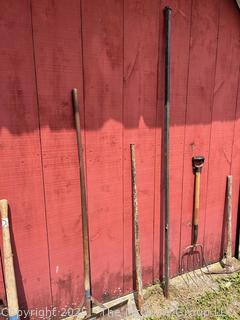 Collection of Lawn and Garden Tools Including Roof Snow Scraper, Crowbars, Drawbar Jack, Barn Floor Scraper, Silage Fork, Pic Axe and Log Peavey