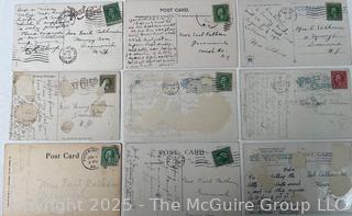 Nine (9) Used U.S. Post Cards circa 1910-1920 with Stamps.  Philately.  