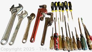 Grouping of Bench Tools Including Various Sized Adjustable Wrenches, Pipe Wrenches and Screwdrivers<br>

<br><br>

Removal Options:<br><br> Sat (Nov 8) & Sun (Nov 9) 11-3pm, 56 Scotch Hill Rd., Cambridge NY 12816<br><br>

Sat (Nov 15) 12-2pm, TMG Warehouse, 2800 Juniper St., Fairfax, VA 22031<br><br>

Request Shipping (david@themcguiregroupllc.com)