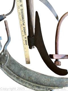 Grouping of Bench Tools Including Sickles, Hack Saw, Horse Bits, Hand Drill Brace and Large Axe Head<br>

<br><br>

Removal Options:<br><br> Sat (Nov 8) & Sun (Nov 9) 11-3pm, 56 Scotch Hill Rd., Cambridge NY 12816<br><br>

Sat (Nov 15) 12-2pm, TMG Warehouse, 2800 Juniper St., Fairfax, VA 22031<br><br>

Request Shipping (david@themcguiregroupllc.com)  