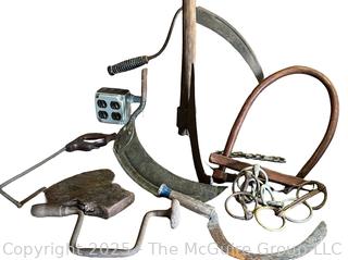 Grouping of Bench Tools Including Sickles, Hack Saw, Horse Bits, Hand Drill Brace and Large Axe Head<br>

<br><br>

Removal Options:<br><br> Sat (Nov 8) & Sun (Nov 9) 11-3pm, 56 Scotch Hill Rd., Cambridge NY 12816<br><br>

Sat (Nov 15) 12-2pm, TMG Warehouse, 2800 Juniper St., Fairfax, VA 22031<br><br>

Request Shipping (david@themcguiregroupllc.com)  