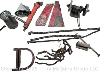 Farm Supplies Including Heavy Link Chains, PTO Shaft, Bench Grinder and Galvanized Oil Can