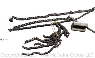 Farm Supplies Including Heavy Link Chains, PTO Shaft, Bench Grinder and Galvanized Oil Can