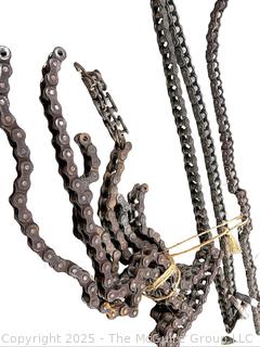 Farm Supplies Including Heavy Link Chains, PTO Shaft, Bench Grinder and Galvanized Oil Can
