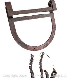 Farm Supplies Including Heavy Link Chains, PTO Shaft, Bench Grinder and Galvanized Oil Can