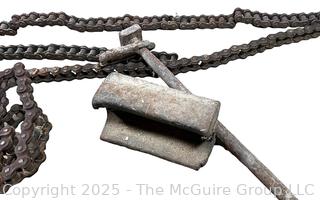 Farm Supplies Including Heavy Link Chains, PTO Shaft, Bench Grinder and Galvanized Oil Can