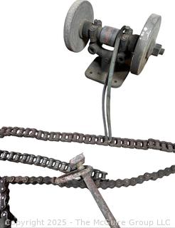 Farm Supplies Including Heavy Link Chains, PTO Shaft, Bench Grinder and Galvanized Oil Can