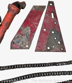 Farm Supplies Including Heavy Link Chains, PTO Shaft, Bench Grinder and Galvanized Oil Can
