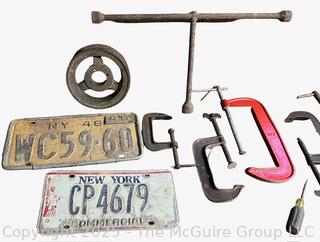 Eclectic Lot Including Jumper Cables, C Clamps, Tire Iron, License Plates and Hubcap<br>

<br><br>

Removal Options:<br><br> Sat (Nov 8) & Sun (Nov 9) 11-3pm, 56 Scotch Hill Rd., Cambridge NY 12816<br><br>

Sat (Nov 15) 12-2pm, TMG Warehouse, 2800 Juniper St., Fairfax, VA 22031<br><br>

Request Shipping (david@themcguiregroupllc.com)