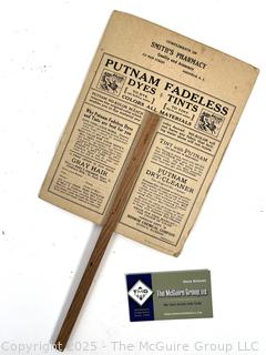Antique advertising hand fan - Putnam Dyes from Smith's Pharmacy Greenwich NY