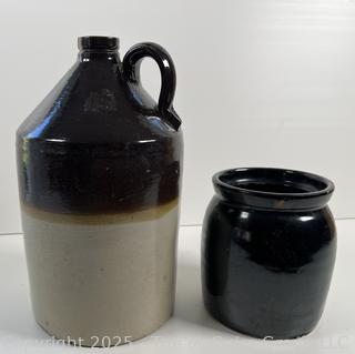 Glazed stoneware jug (12"T) and crock (6"T)
