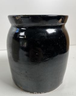Glazed stoneware jug (12"T) and crock (6"T)
