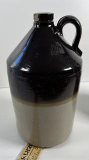 Glazed stoneware jug (12"T) and crock (6"T)