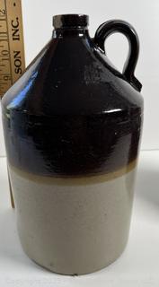 Glazed stoneware jug (12"T) and crock (6"T)