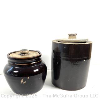 Two (2) lidded stoneware crocks