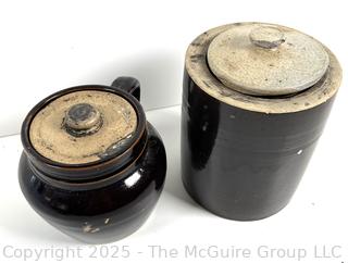 Two (2) lidded stoneware crocks