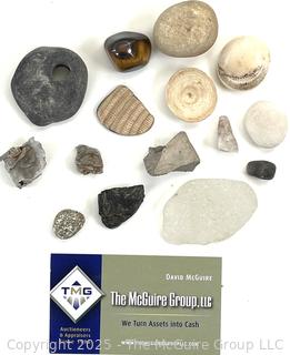 Group of Natural Stone Cobbles, Fossils and Possible Native Hand Tool Frsgments Picked While Working Scotch Hill Farm 
