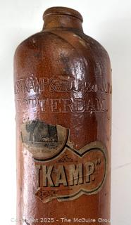 Group of antique glass bottles: various brands some with labels 