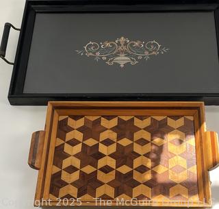 Two (2) serving trays: wood marquetry 