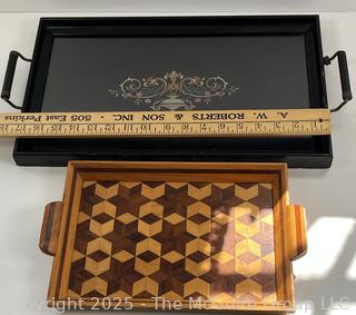 Two (2) serving trays: wood marquetry 