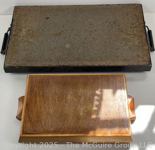 Two (2) serving trays: wood marquetry 