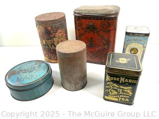 Selection of vintage product advertising tins, mostly kitchen related