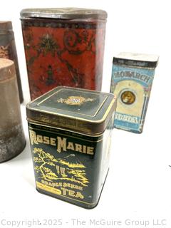 Selection of vintage product advertising tins, mostly kitchen related