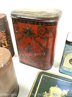 Selection of vintage product advertising tins, mostly kitchen related