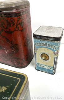 Selection of vintage product advertising tins, mostly kitchen related