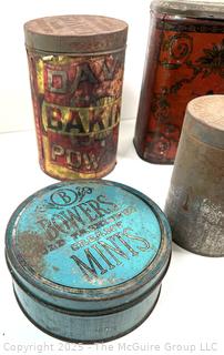 Selection of vintage product advertising tins, mostly kitchen related