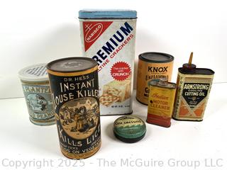 Selection of vintage product advertising tins, various themes