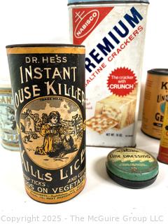 Selection of vintage product advertising tins, various themes