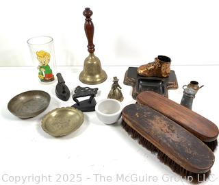 ???????? Eclectic grouping: SAD Irons and trivet; bronzed baby shoe; ceramic mortar; metal bowls; etc
