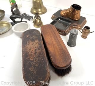 ???????? Eclectic grouping: SAD Irons and trivet; bronzed baby shoe; ceramic mortar; metal bowls; etc