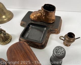 ???????? Eclectic grouping: SAD Irons and trivet; bronzed baby shoe; ceramic mortar; metal bowls; etc