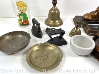???????? Eclectic grouping: SAD Irons and trivet; bronzed baby shoe; ceramic mortar; metal bowls; etc
