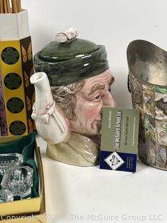 ???????? Eclectic grouping: Toby style teapot; matchsticks; abalone ice bucket; group of crystal salt trays?