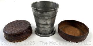 Antique POCKET SIZE Collapsible FOLDING Metal Travel CUP With Leather Case